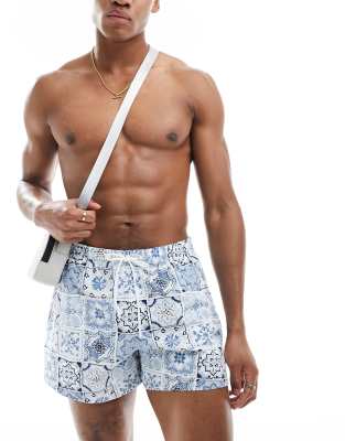 Abercrombie & Fitch 5in pull on tile print seersucker swim shorts in blue - ASOS Price Checker