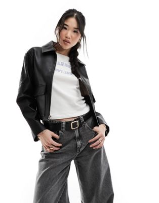 Abercrombie & Fitch short faux leather trucker jacket in black