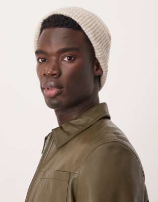 Abercrombie & Fitch Abercrombie & Fitch short rib knit beanie in oatmeal marl-Neutral