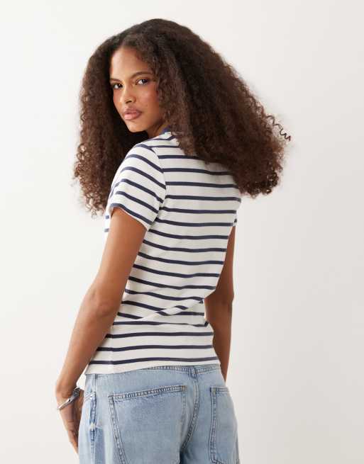 Abercrombie & Fitch short sleeve button through icon t-shirt in white stripe, 4 of 4