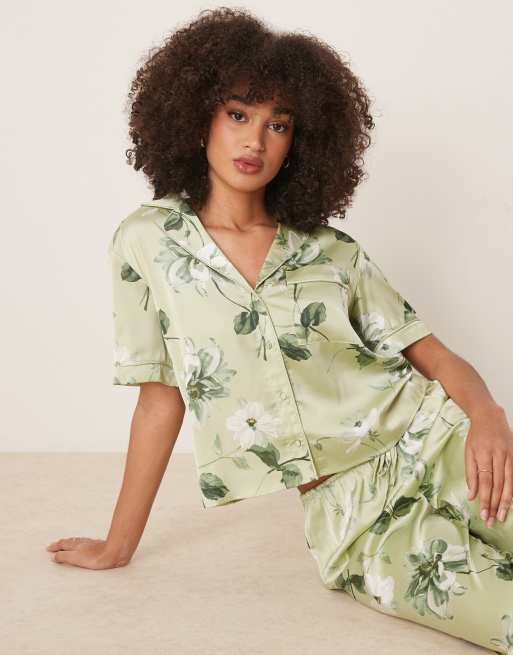 Abercrombie & Fitch short sleeve button up pyjama shirt in green floral (part of a set)