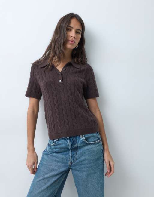 Abercrombie & Fitch short sleeve cable knit polo in brown, 3 of 5