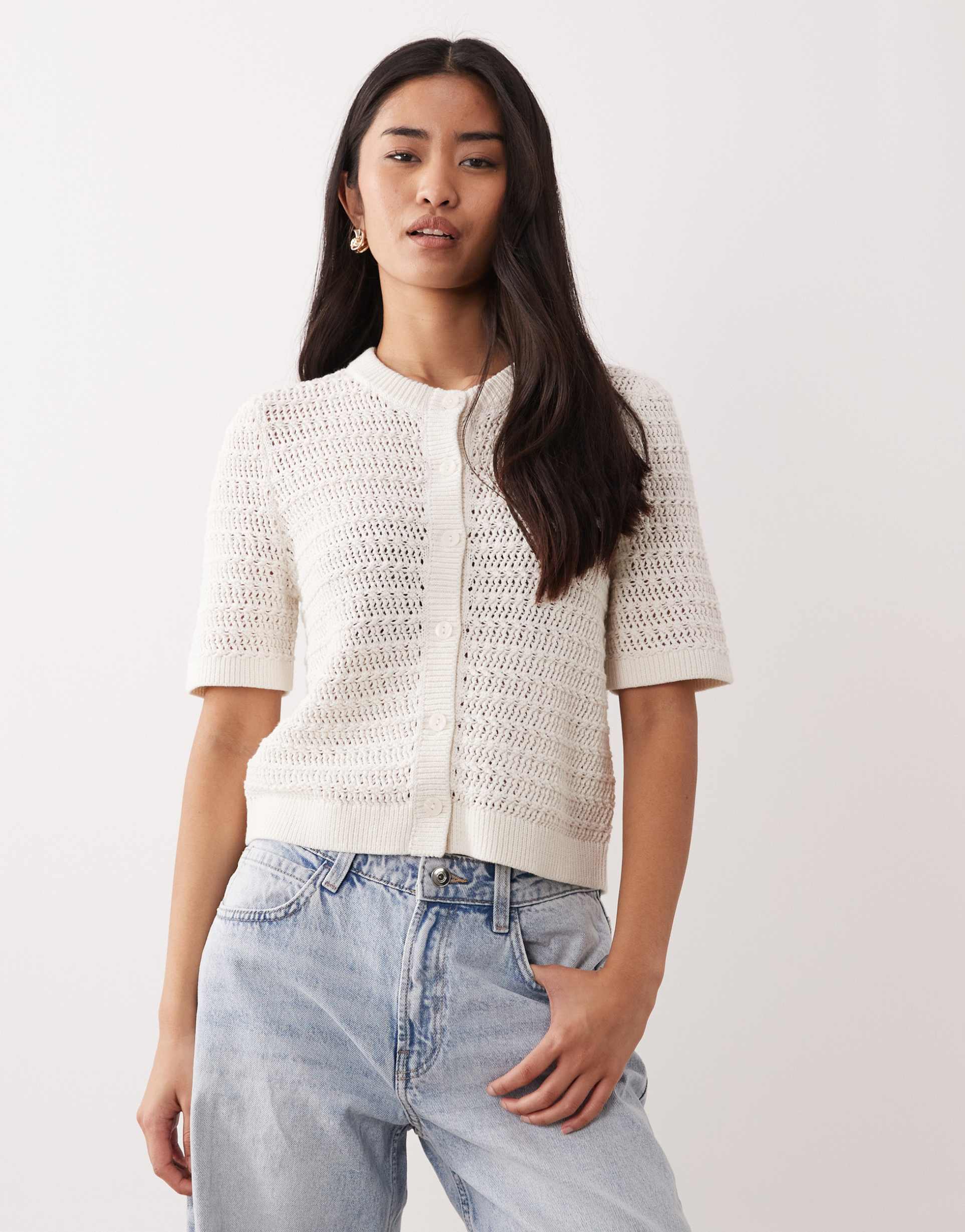 abercrombie & fitch short sleeve cardigan in cream