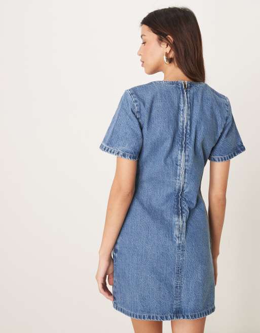 Abercrombie & Fitch short sleeve crew neck denim mini dress in medium wash  blue | ASOS