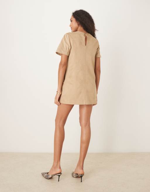 Abercrombie & Fitch short sleeve crew neck faux suede T-shirt mini dress in light brown