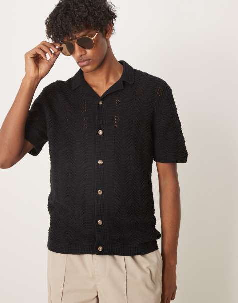 Abercrombie & Fitch short sleeve crochet button through polo in black - view 1