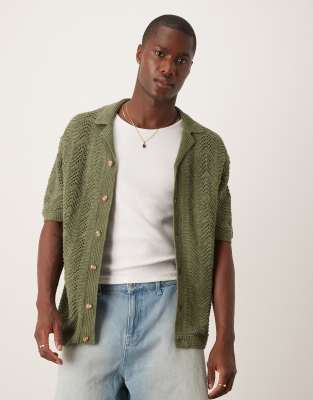 Abercrombie & Fitch Abercrombie & Fitch short sleeve crochet button through polo in dark green