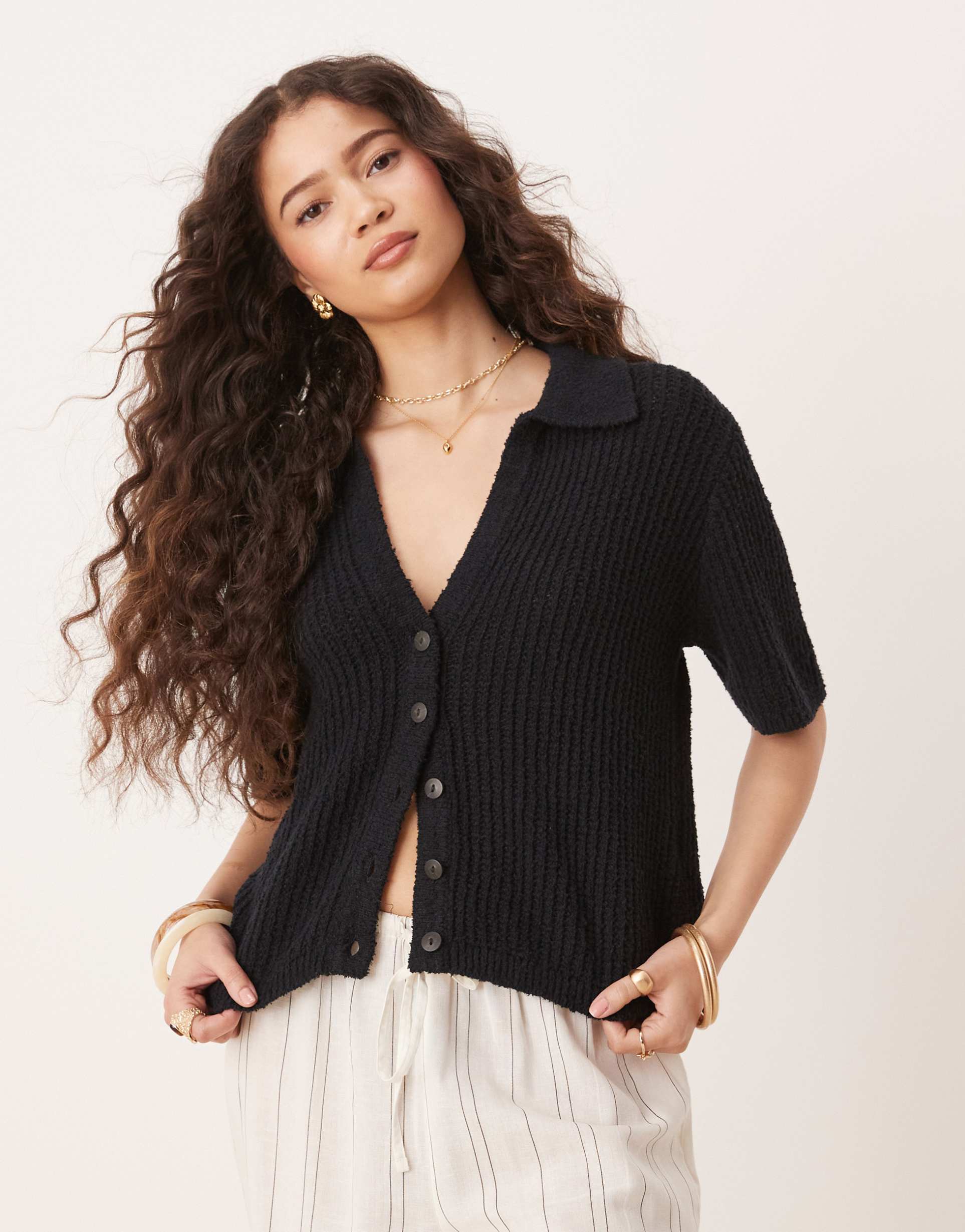 abercrombie & fitch short sleeve crochet cardigan in black