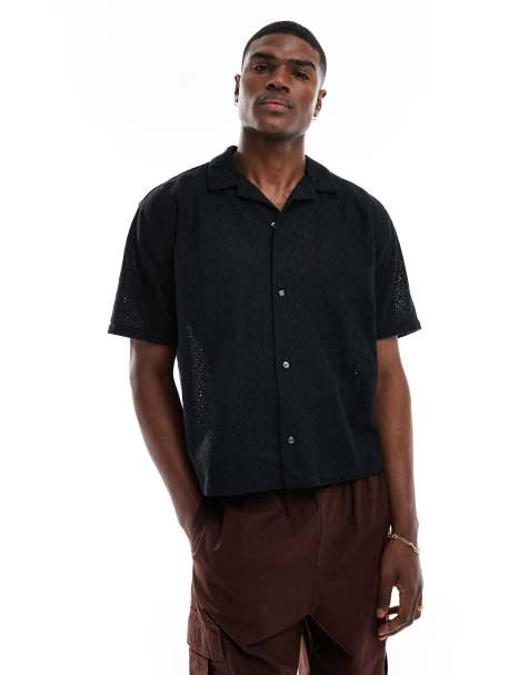 Abercrombie & Fitch short sleeve cropped oversized little lace shirt in black - view 1