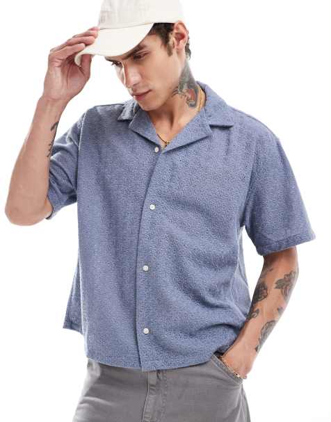 Abercrombie & Fitch short sleeve cropped oversized little lace shirt in light blue - view 1