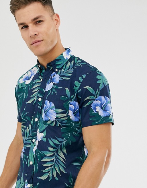 Abercrombie & Fitch short sleeve leaf print hawaiian shirt in navy | ASOS