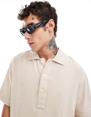 Abercrombie & Fitch Abercrombie & Fitch short sleeve overhead flax linen blend shirt in beige-Neutral