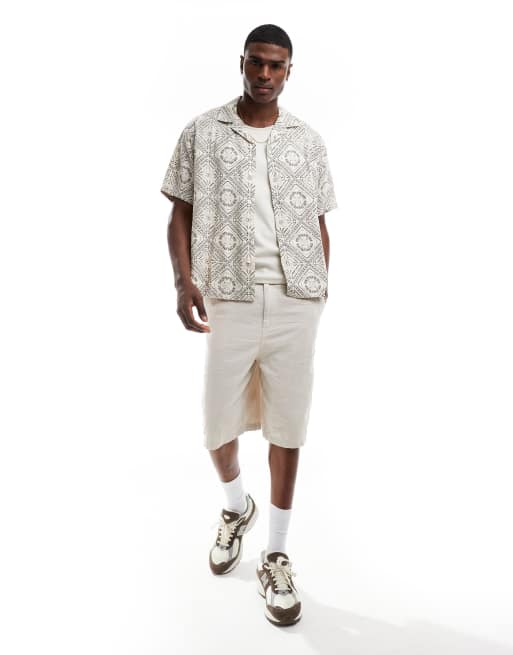  Abercrombie & Fitch short sleeve pattern embroid linen shirt in tan