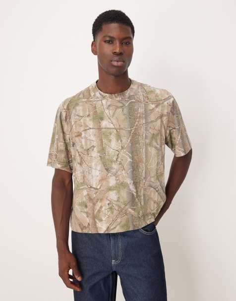 Abercrombie & Fitch short sleeve premium heavyweight cropped t-shirt in dark green camo - view 1
