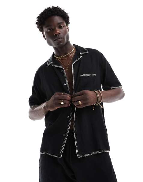 Abercrombie & Fitch short sleeve revere collar edge stitching line shirt relaxed fit in black co-ord - view 1