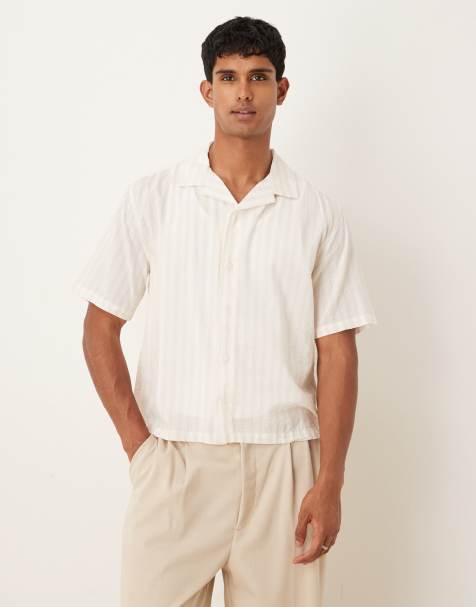 Abercrombie & Fitch short sleeve seersucker shirt in beige stripe - view 1