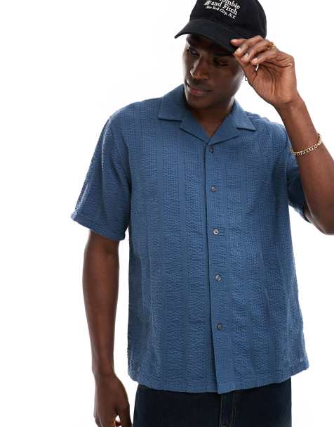 Abercrombie & Fitch short sleeve seersucker stripe shirt relaxed fit in mid blue - view 1