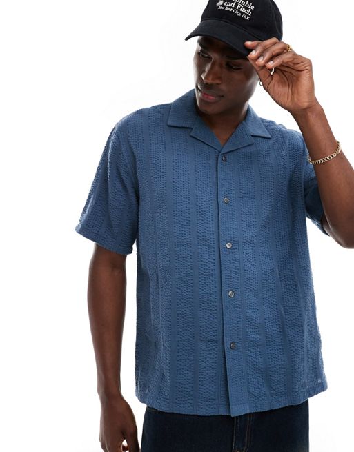 Abercrombie & Fitch short sleeve seersucker stripe cashmere shirt relaxed fit in mid blue