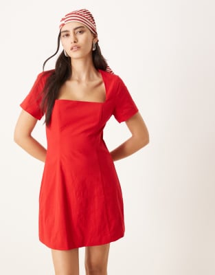 Abercrombie & Fitch Short Sleeve Skimming Square Neck Short Mini Dress In Pink