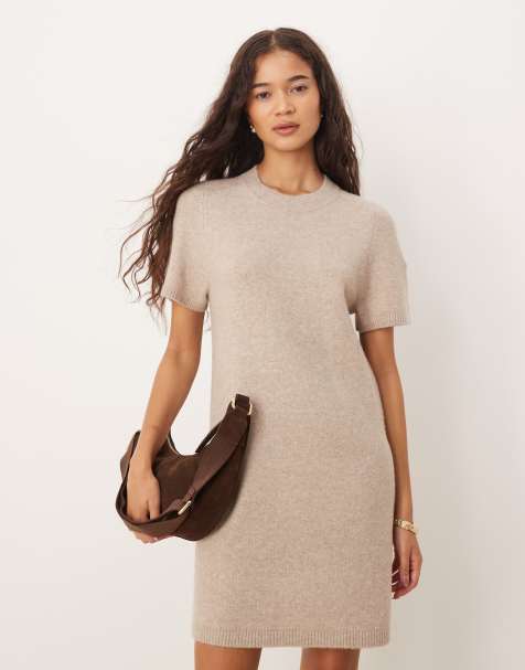 Abercrombie & Fitch short sleeve sweater mini dress in beige - view 1
