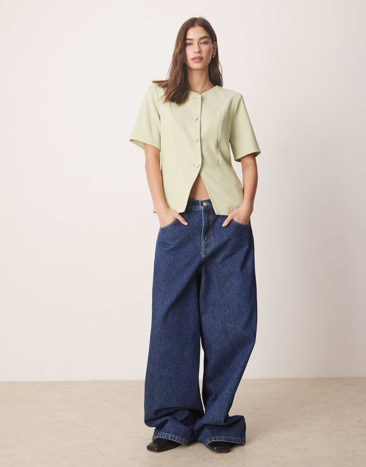 Abercrombie & Fitch short sleeve tailored button through top in light green