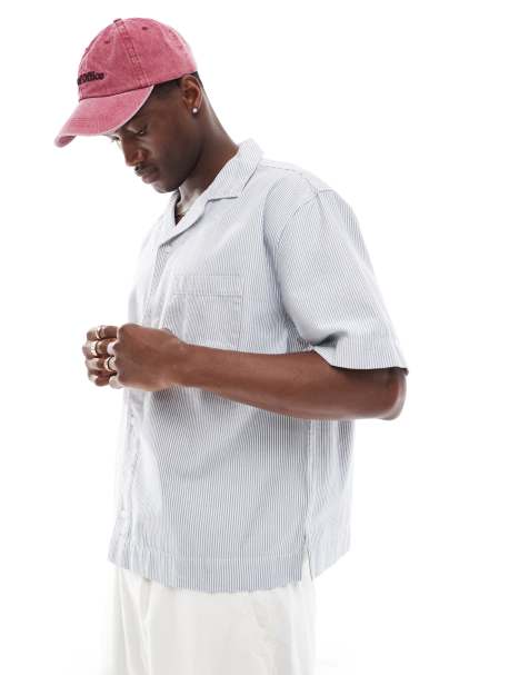 Abercrombie & Fitch short sleeve workwear railroad stripe twill shirt in grey - view 1