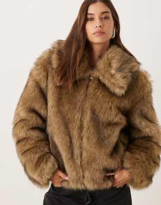 Abercrombie & Fitch short zip front faux fur jacket in brown-Neutral