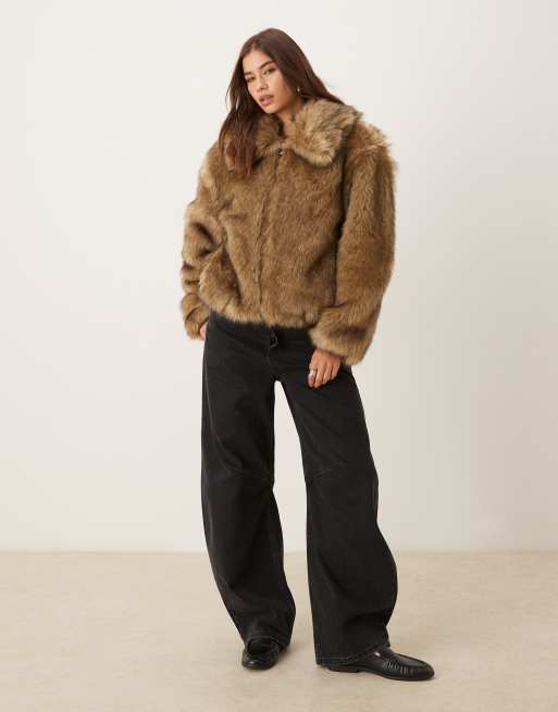 Abercrombie & Fitch short zip front faux fur jacket in brown | ASOS