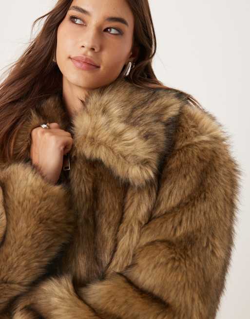 Abercrombie & Fitch short zip front faux fur jacket in brown | ASOS