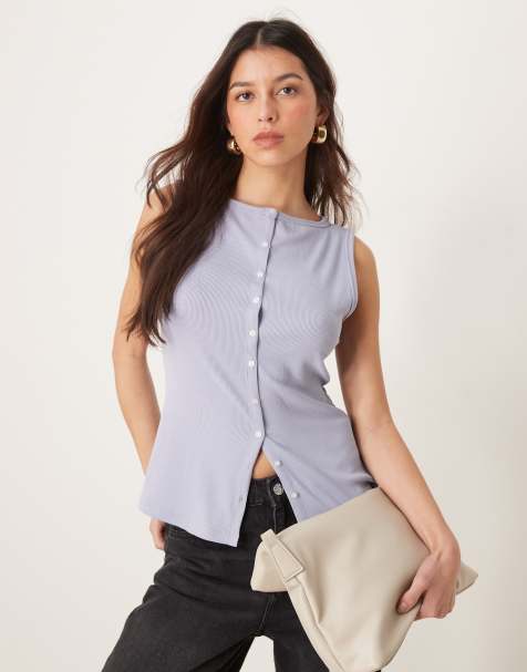 Abercrombie & Fitch slash neck button through longline rib top in blue - view 1