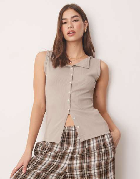 Abercrombie & Fitch slash neck button through longline rib top in grey - view 1