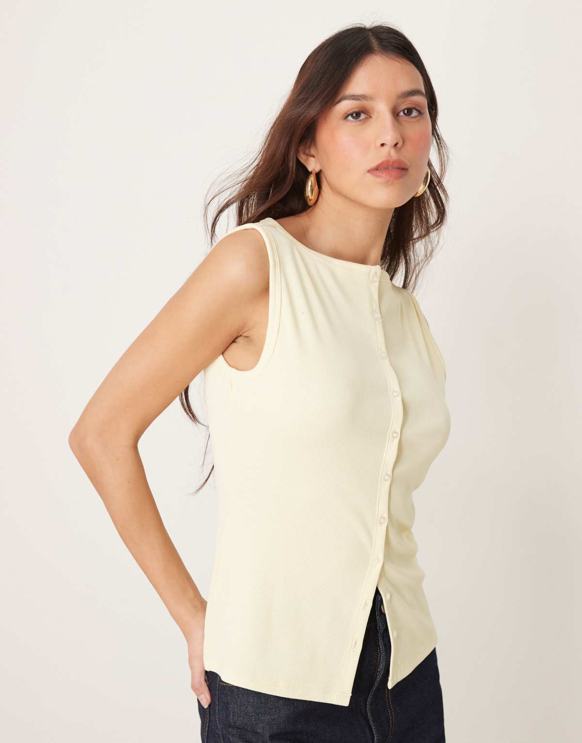 Abercrombie & Fitch slash neck button through longline rib top in yellow