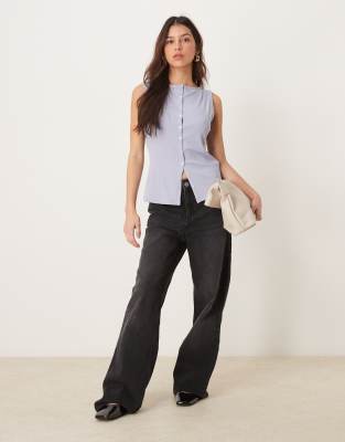 Abercrombie & Fitch Slash Neck Button Up Longline Rib Knit Top In Blue