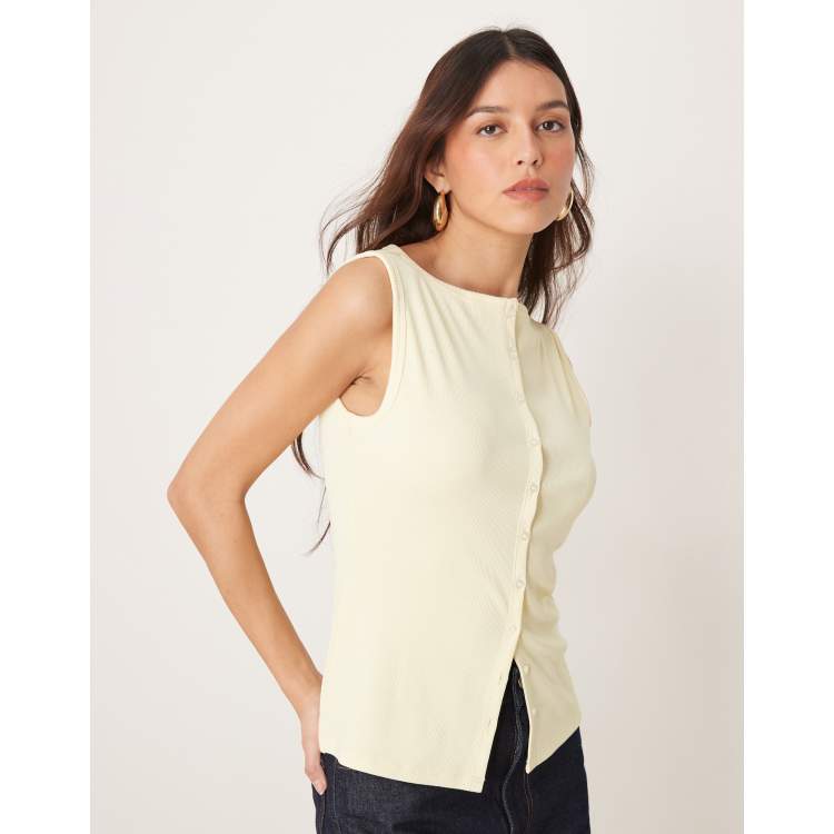 Abercrombie & Fitch slash neck button up longline rib knit top in