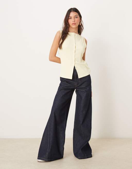 Abercrombie & Fitch slash neck button up longline rib knit top in