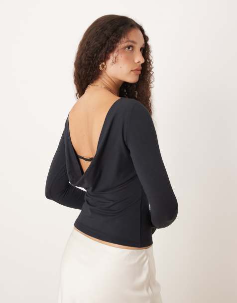 Abercrombie & Fitch slash neck cowl back long sleeve top in black - view 1