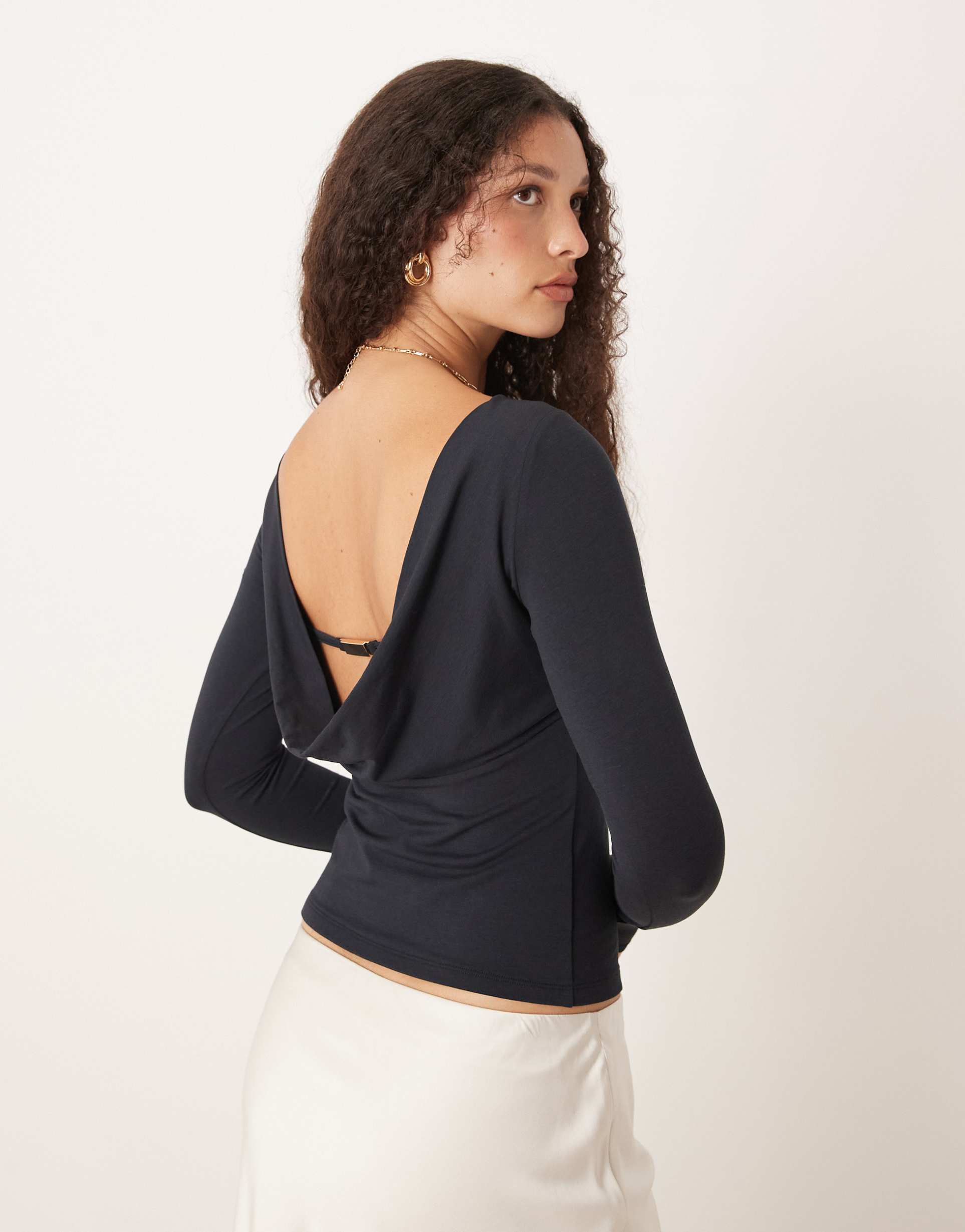 abercrombie & fitch slash neck cowl back long sleeve top in black