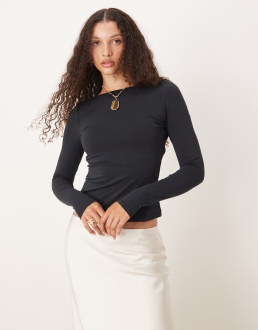Abercrombie & Fitch slash neck cowl back long sleeve top in black, 2 of 4