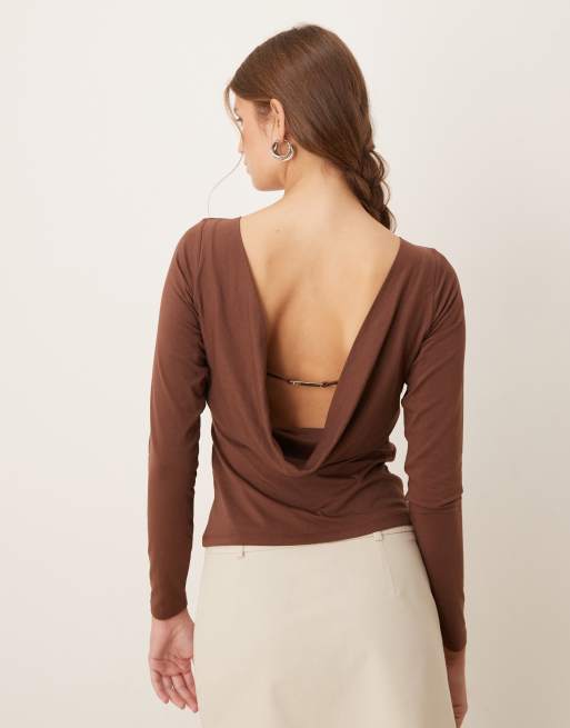 Abercrombie & Fitch slash neck cowl back long sleeve top in brown, 4 of 4