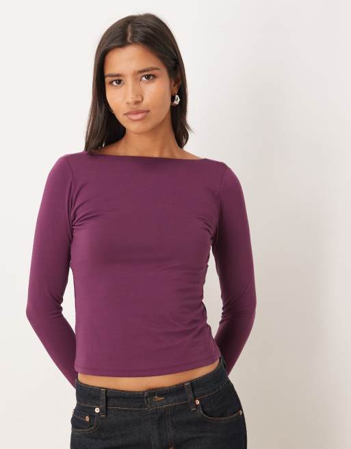 Abercrombie & Fitch slash neck cowl back long sleeve top in deep purple, 2 of 4