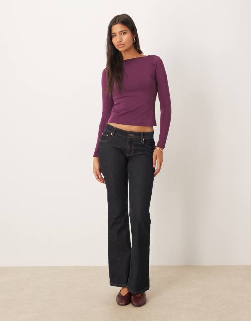 Abercrombie & Fitch slash neck cowl back long sleeve top in deep purple, 3 of 4