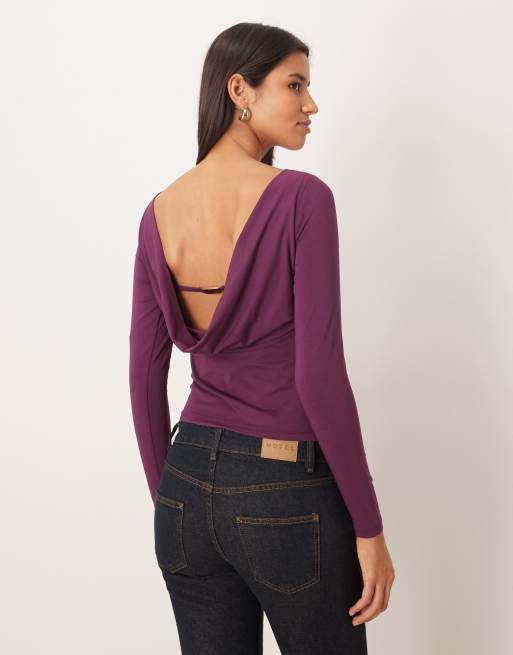 Abercrombie & Fitch slash neck cowl back long sleeve top in deep purple, 4 of 4