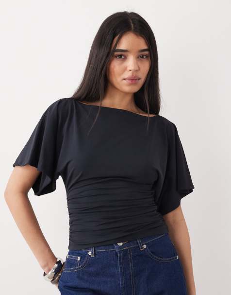 Abercrombie & Fitch slash neck flutter sleeve top in black