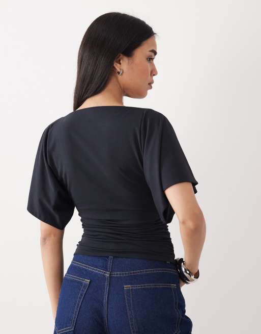 Abercrombie & Fitch slash neck flutter sleeve top in black, 4 of 4