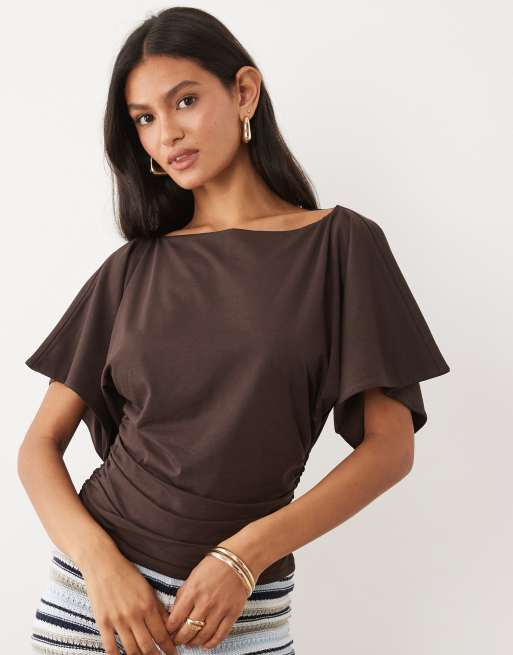 Abercrombie & Fitch slash neck flutter sleeve top in brown, 2 of 4