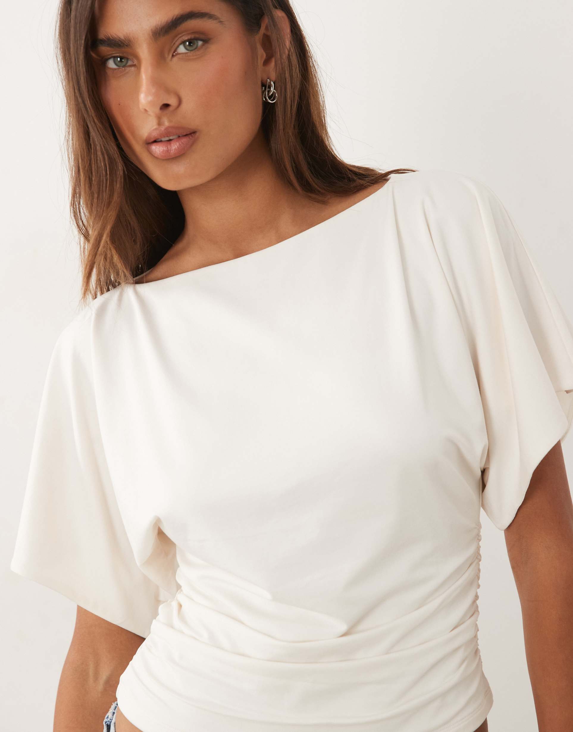 abercrombie & fitch slash neck flutter sleeve top in cream