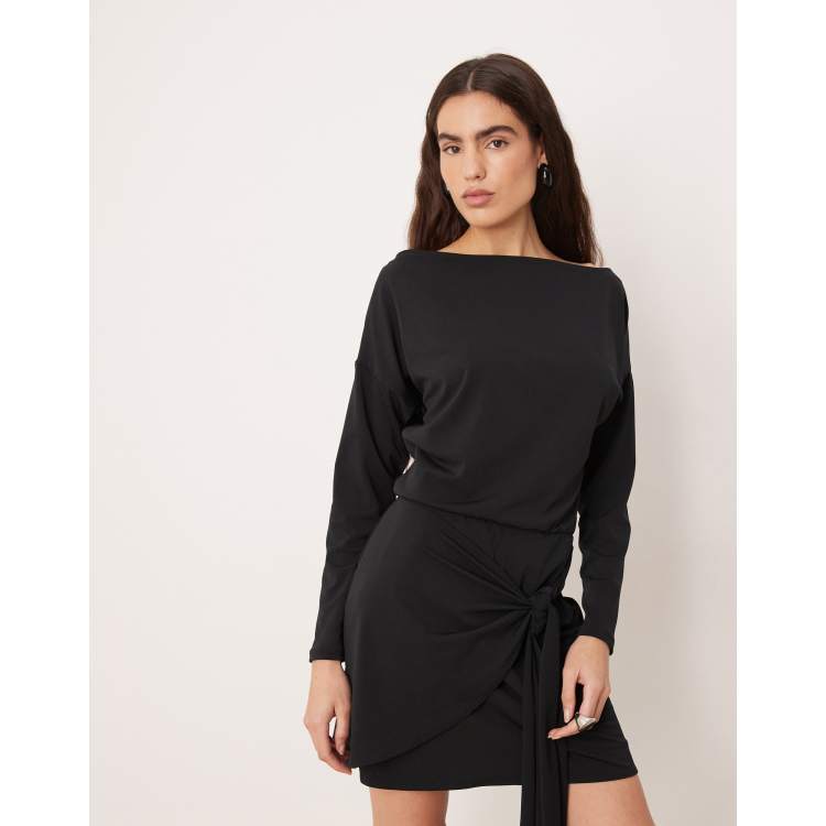 black long sleeve scrunch dress Autumn Long Sleeve Mini Dress