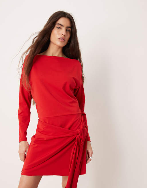 Abercrombie & Fitch slash neck long sleeve mini dress with tie up front  detail in red | ASOS