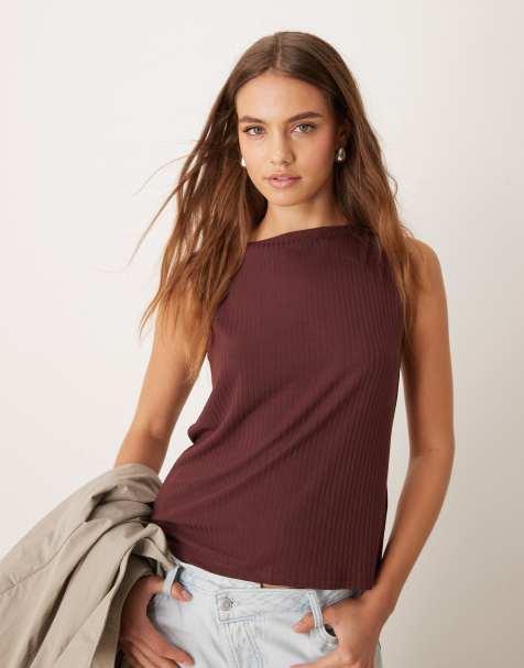 Abercrombie & Fitch slash neck ribbed top in brown - view 1