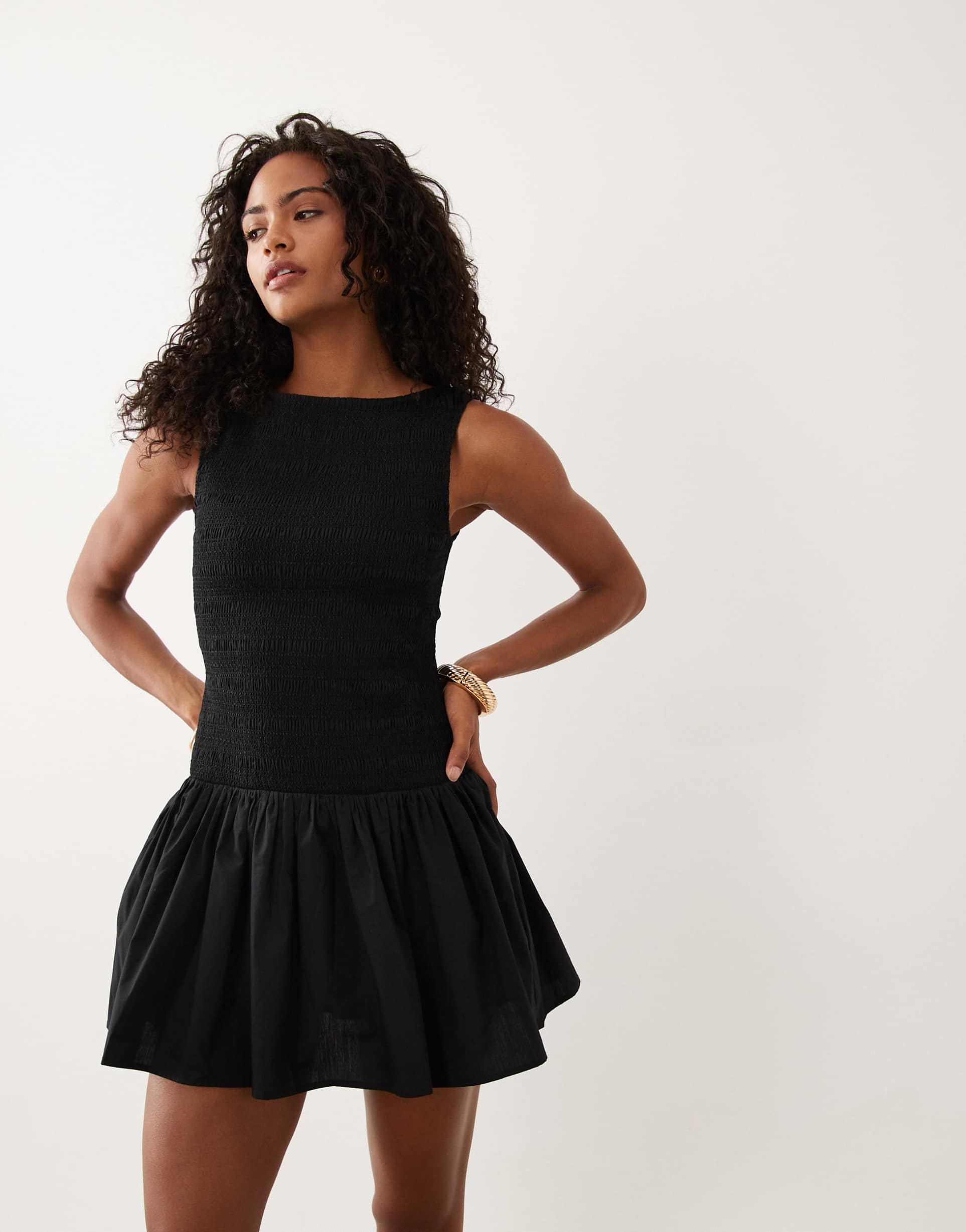 abercrombie & fitch slash neck smocked skort mini dress in black